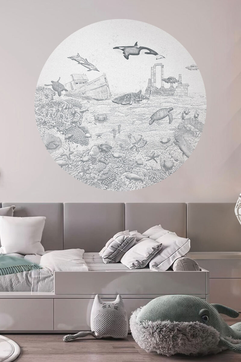 Kinderkamer muursticker getekende zeedieren krijt potloodgrijs