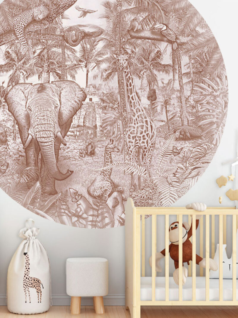 Kinderkamer behangcirkel getekende jungle dieren giraffen krijt bruin