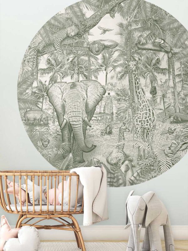 Kinderkamer en babykamer behangcirkel getekende jungle dieren giraffen krijt mosgroen