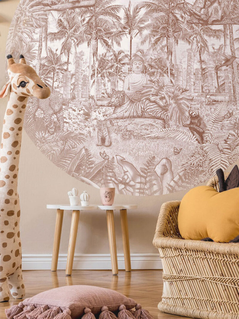 Kinderkamer behangcirkel getekende jungle dieren tijger krijt bruin