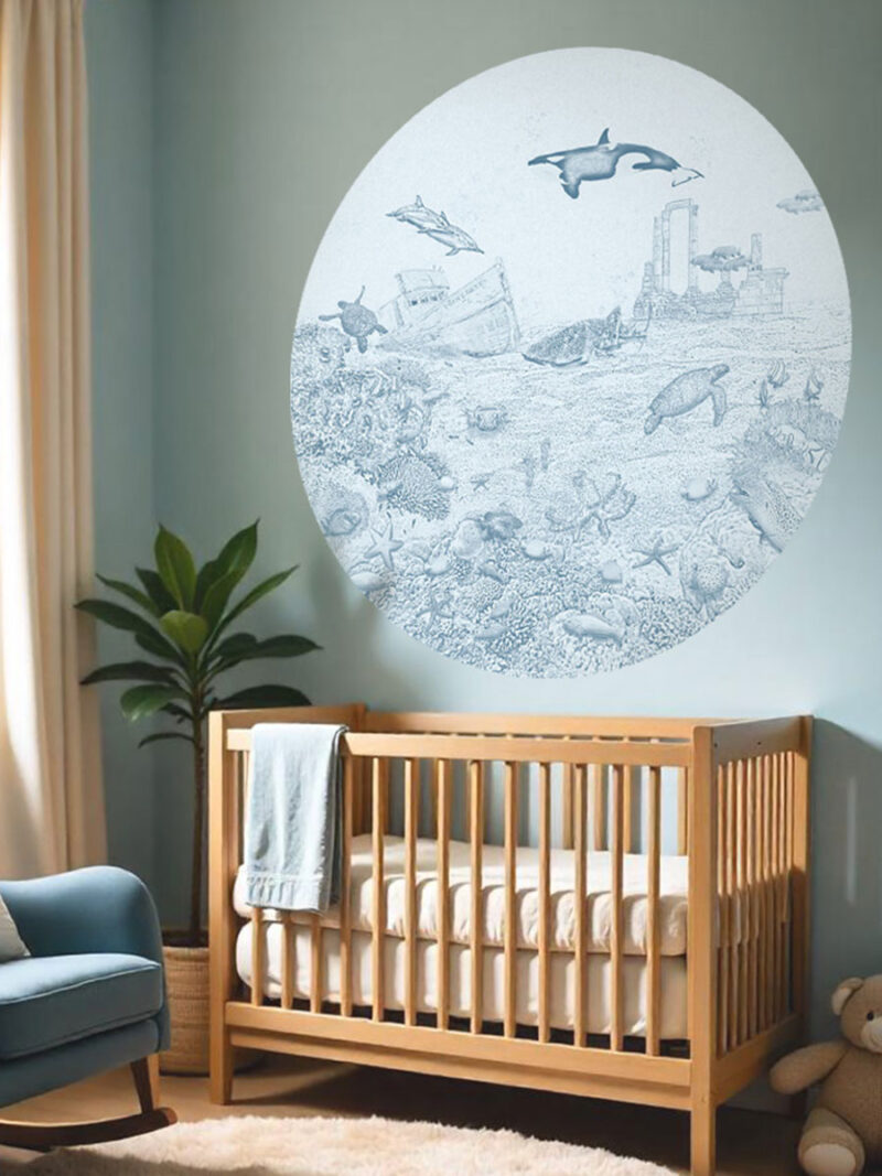 Kinderkamer en babykamer behangcirkel getekende zeedieren orka krijt luchtblauw