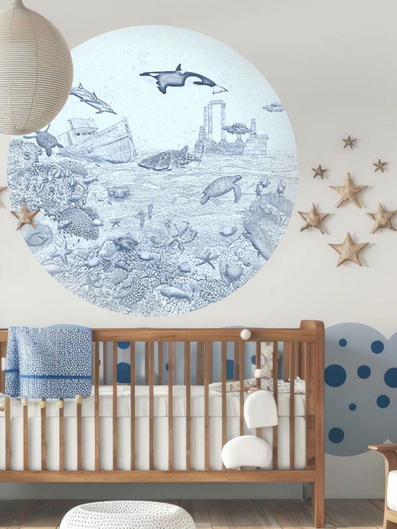 Kinderkamer behangcirkel getekende zeedieren orka krijt zeeblauw