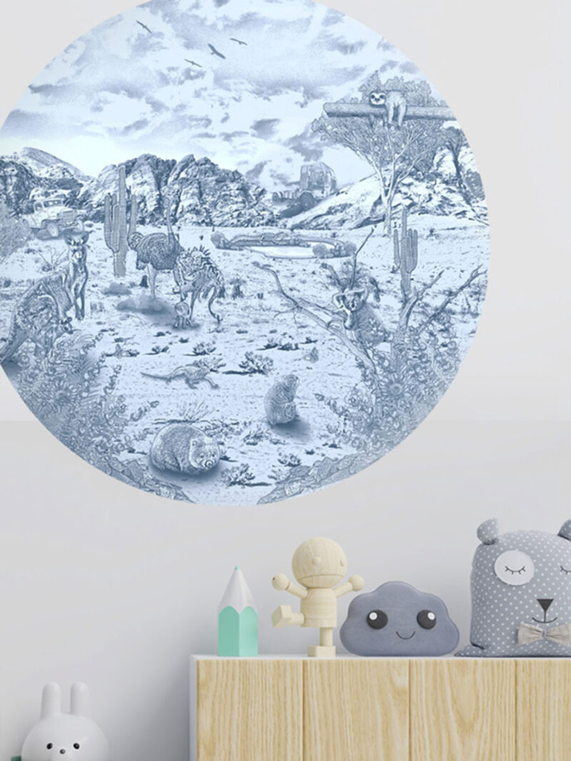 Kinderkamer muursticker getekende Australische dieren koala's krijt zeeblauw