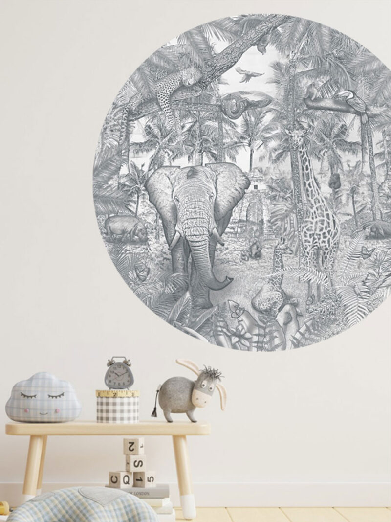 Kinderkamer en babykamer muursticker getekende jungle dieren giraffen krijt potloodgrijs