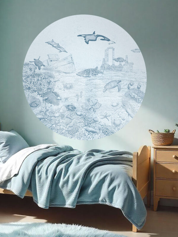 Kinderkamer en babykamer muursticker getekende zeedieren orka krijt luchtblauw