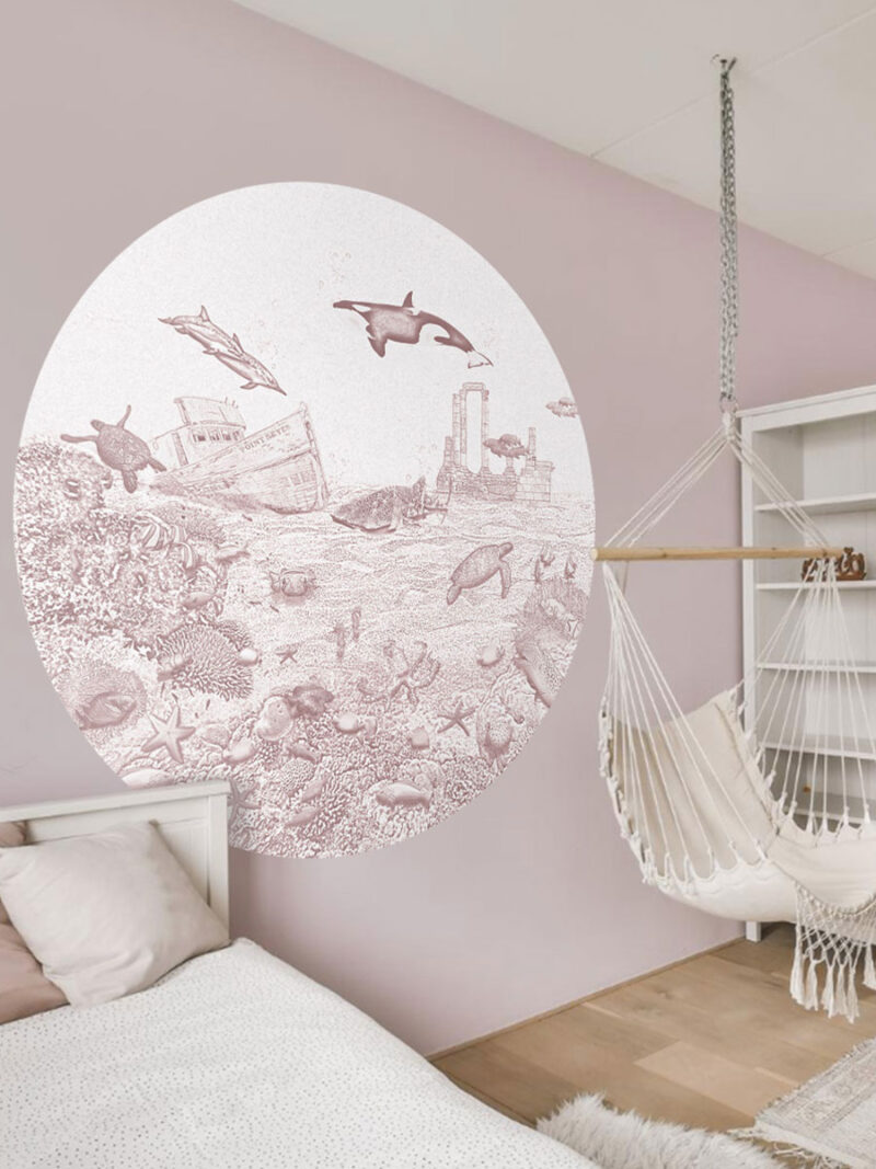 Kinderkamer en babykamer muursticker getekende zeedieren orka krijt oudroze