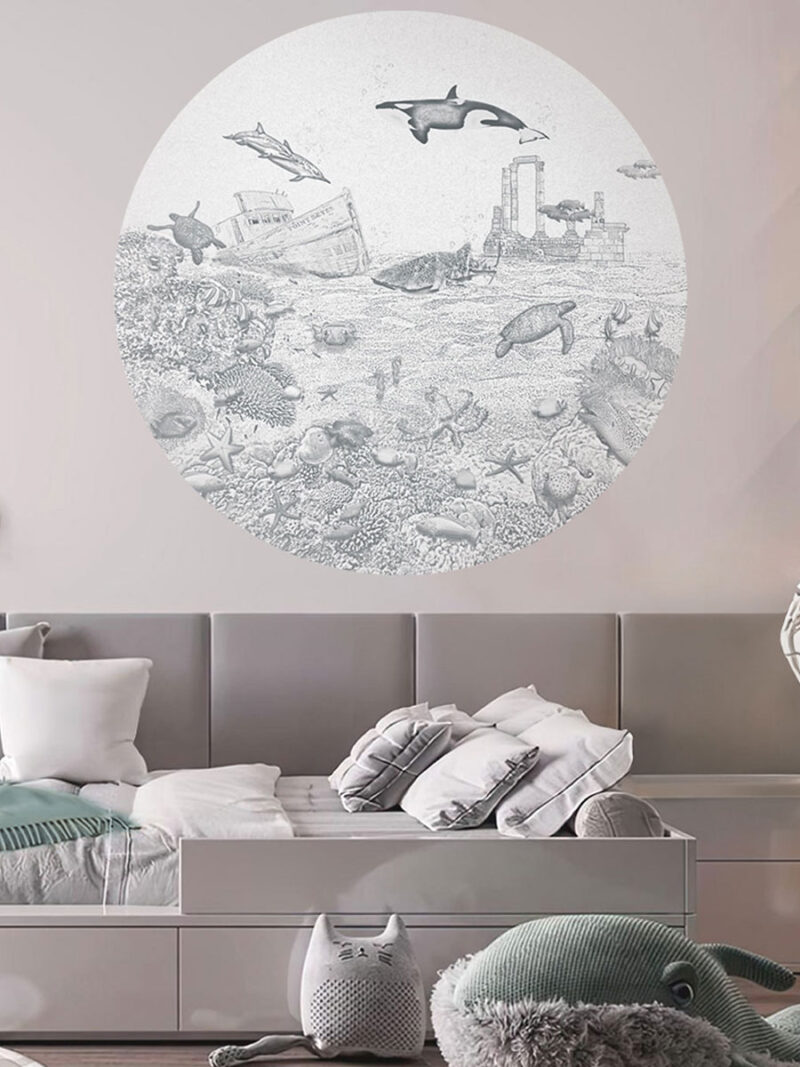 Kinderkamer muursticker getekende zeedieren orka krijt potloodgrijs