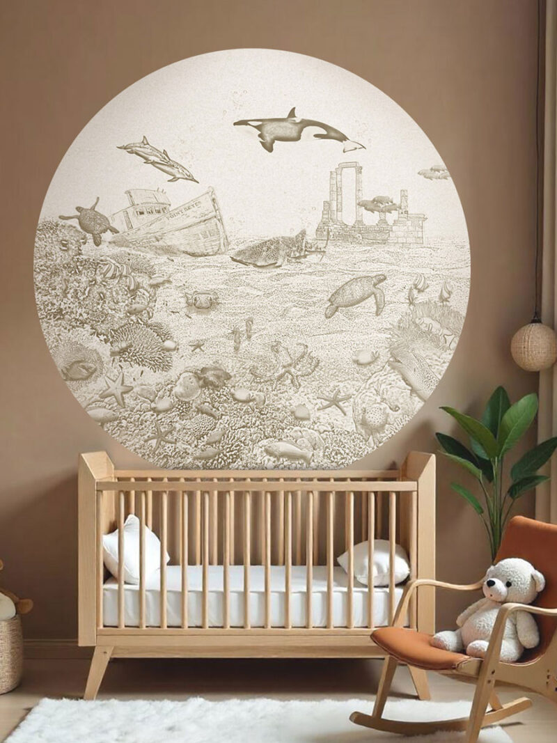 Kinderkamer muursticker getekende zeedieren orka krijt zandbruin