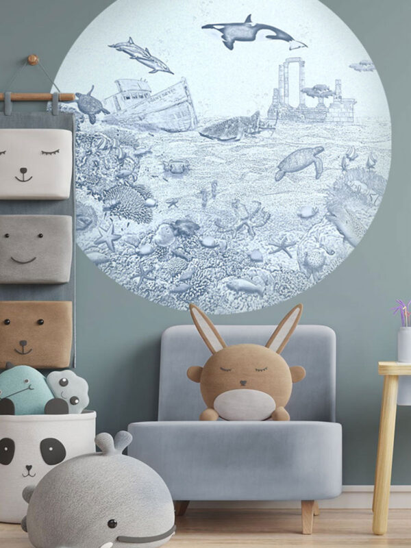 Kinderkamer muursticker getekende zeedieren orka krijt zeeblauw