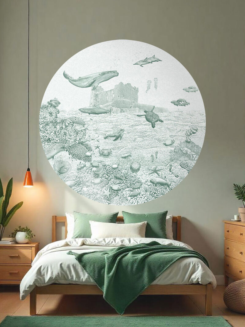 Kinderkamer muursticker getekende zeedieren walvis krijt diepgroen