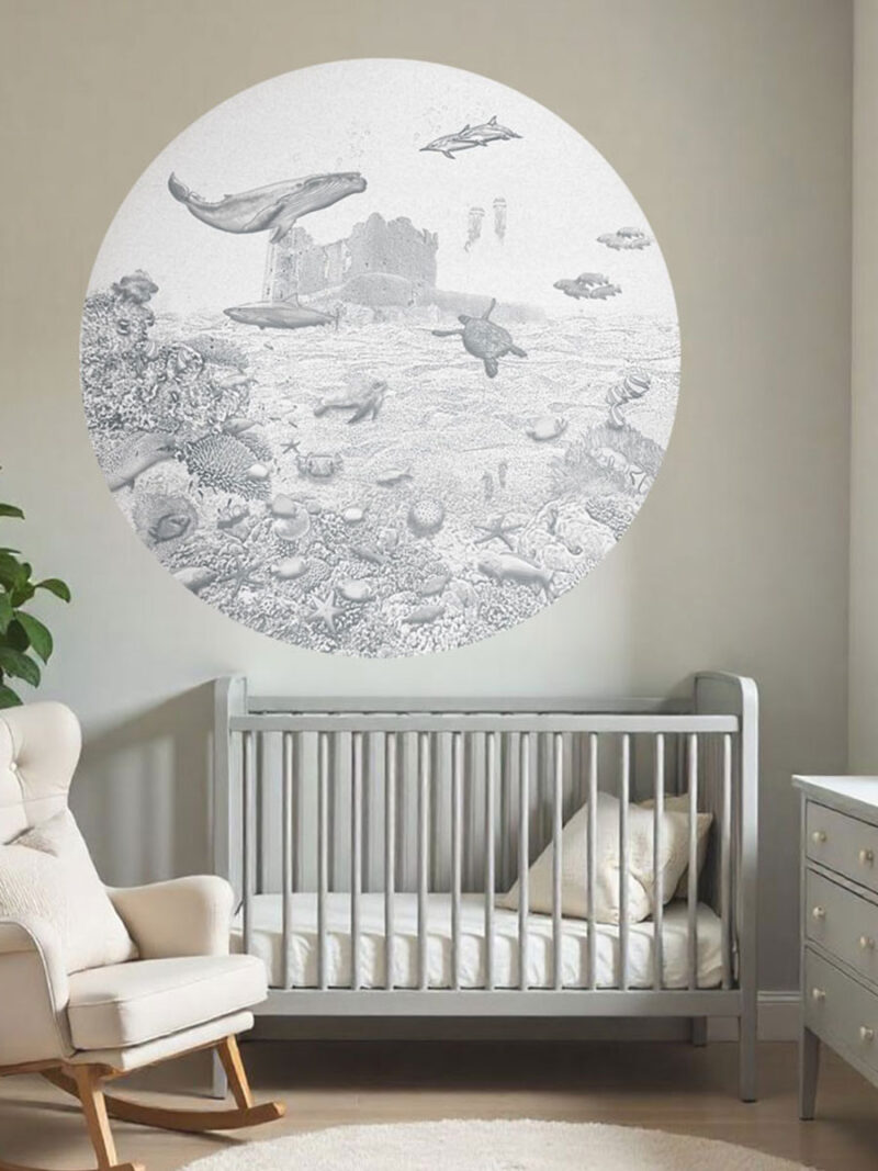 Kinderkamer muursticker getekende zeedieren walvis krijt potloodgrijs