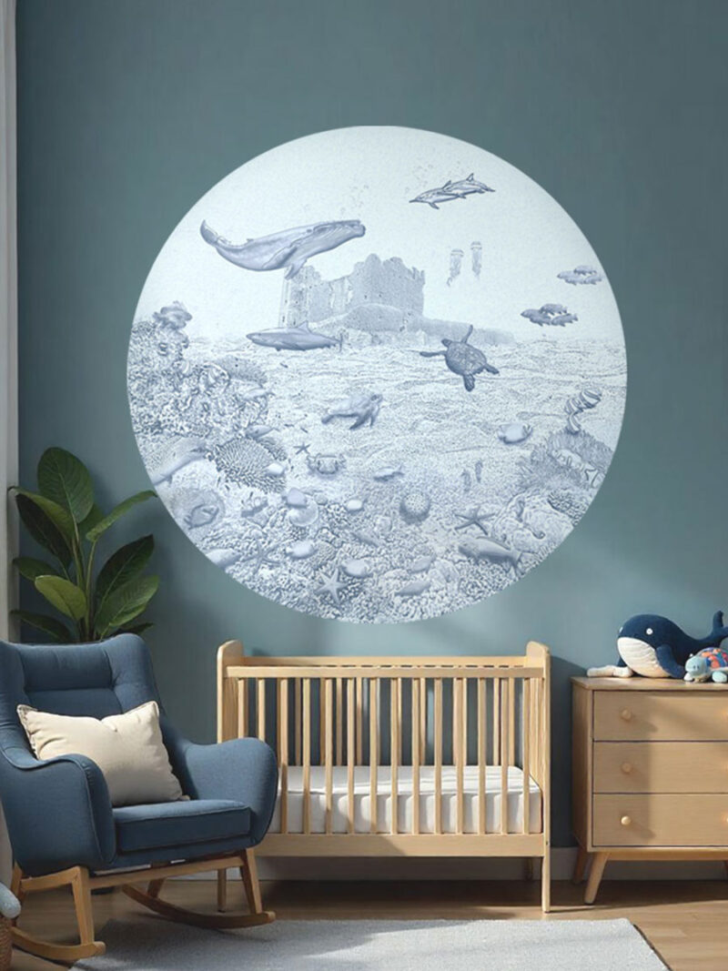Kinderkamer muursticker getekende zeedieren walvis krijt zeeblauw