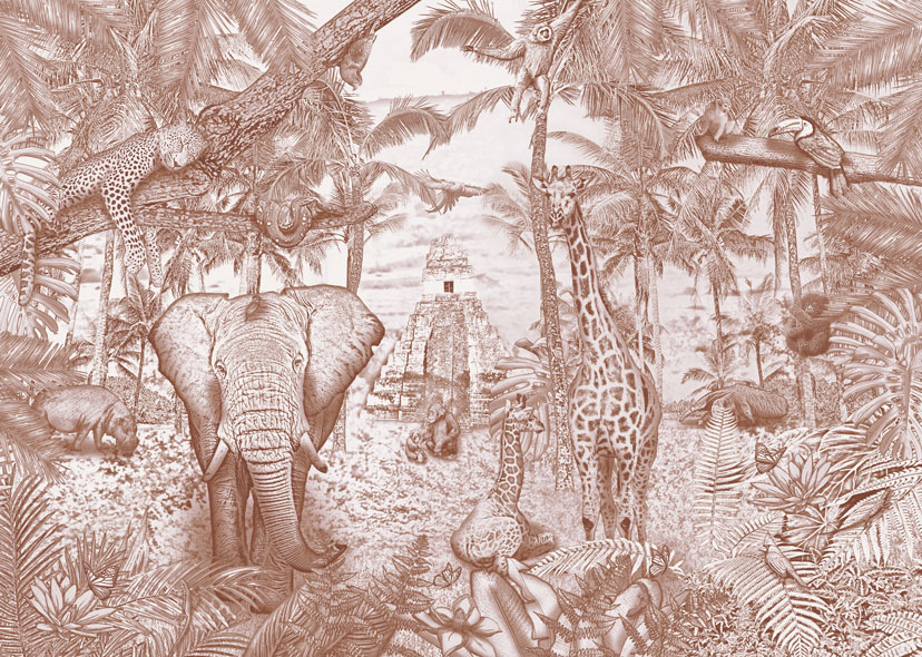 Kinderkamer en babykamer getekend behang jungle dieren krijt bruin