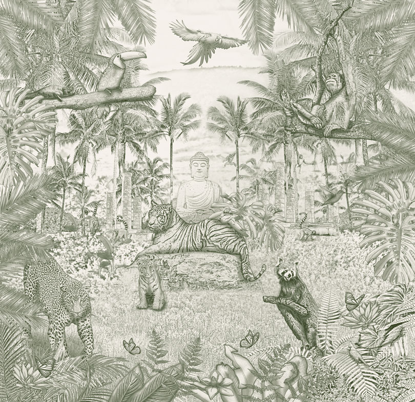Kinderkamer getekend behang jungle dieren krijt mosgroen