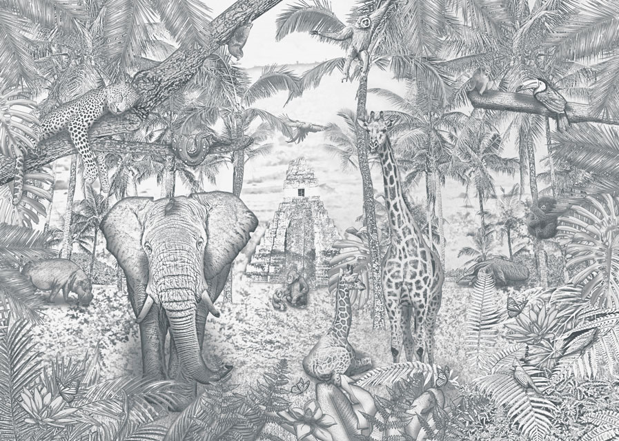 Kinderkamer en babykamer getekend behang jungle dieren krijt potloodgrijs